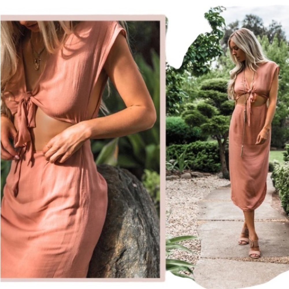 SNDYS NWT Botanical Tie Front Cut Out Rust Brown Boho Midi Maxi Dress Small - Picture 2 of 8